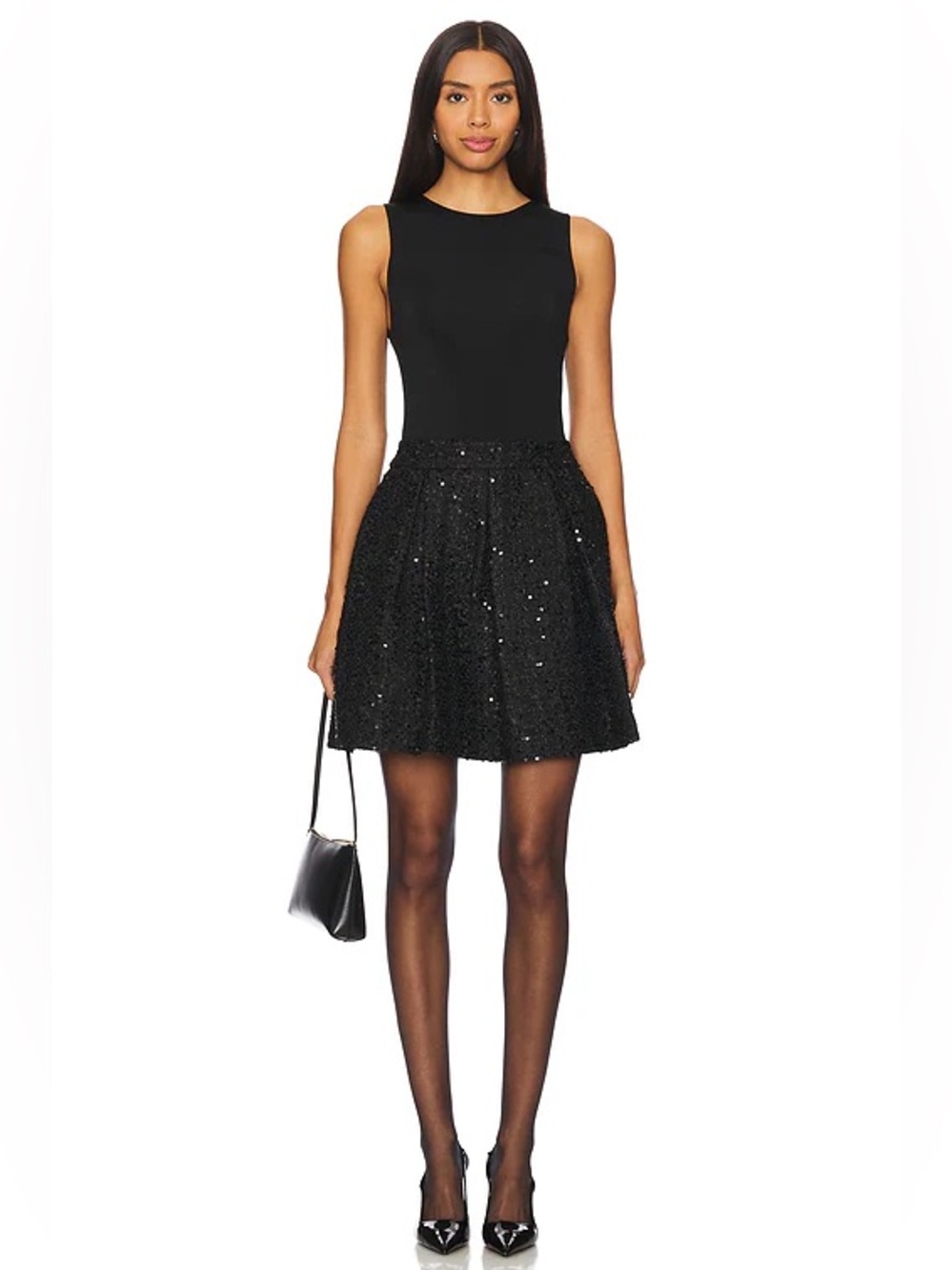 Alice Olivia Chara Mini Dress Black Sequin Tweed Fit Flare Sleeveless Womens 4